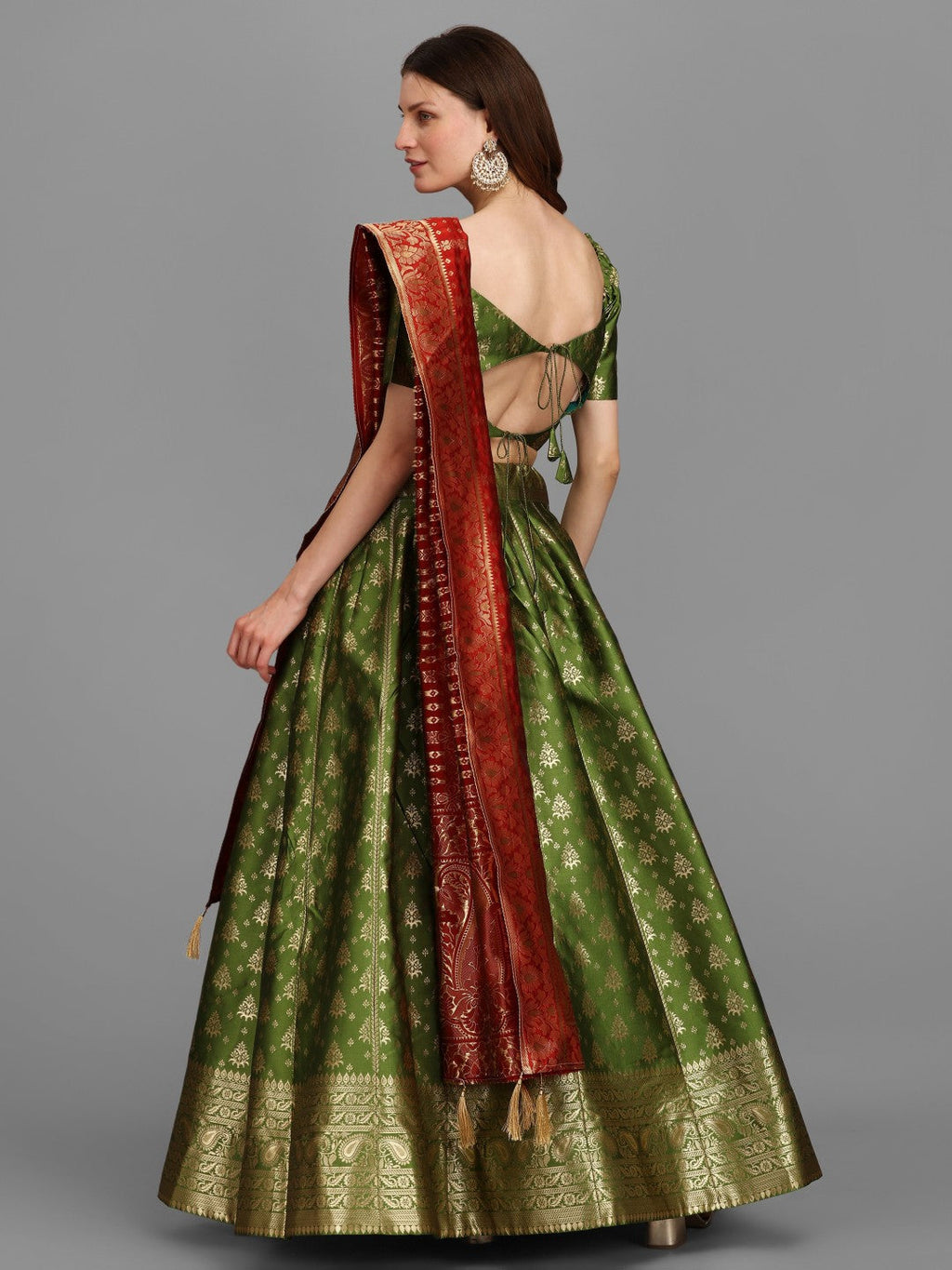 Lorenvalley Fashion Mahendi Brocade Fabric Lehenga & Unstitched Blouse With Dupatta | Grocsy