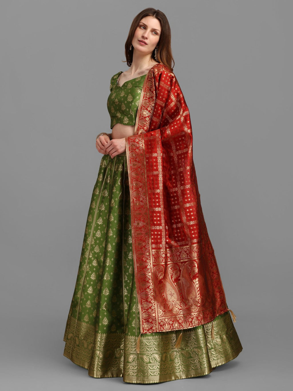 Lorenvalley Fashion Mahendi Brocade Fabric Lehenga & Unstitched Blouse With Dupatta | Grocsy