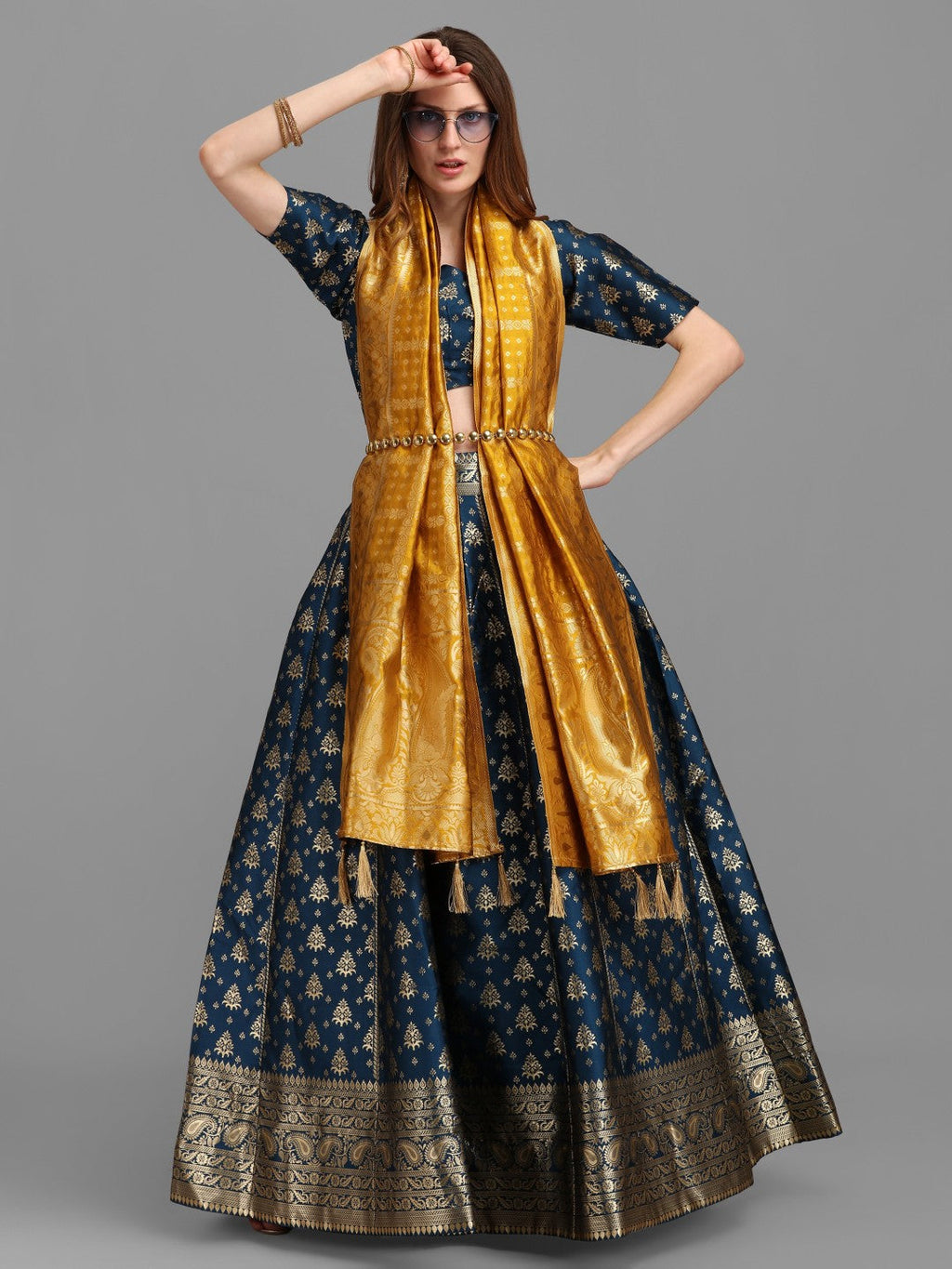 Lorenvalley Fashion Rama Brocade Fabric Lehenga & Unstitched Blouse With Dupatta | Grocsy