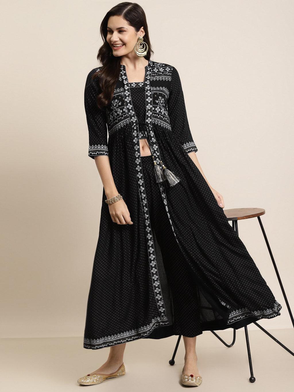 Juniper Women Black Rayon Printed Jacket Style Kurta Sets | Grocsy