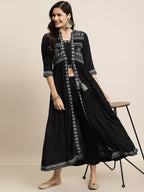 Juniper Women Black Rayon Printed Jacket Style Kurta Sets | Grocsy