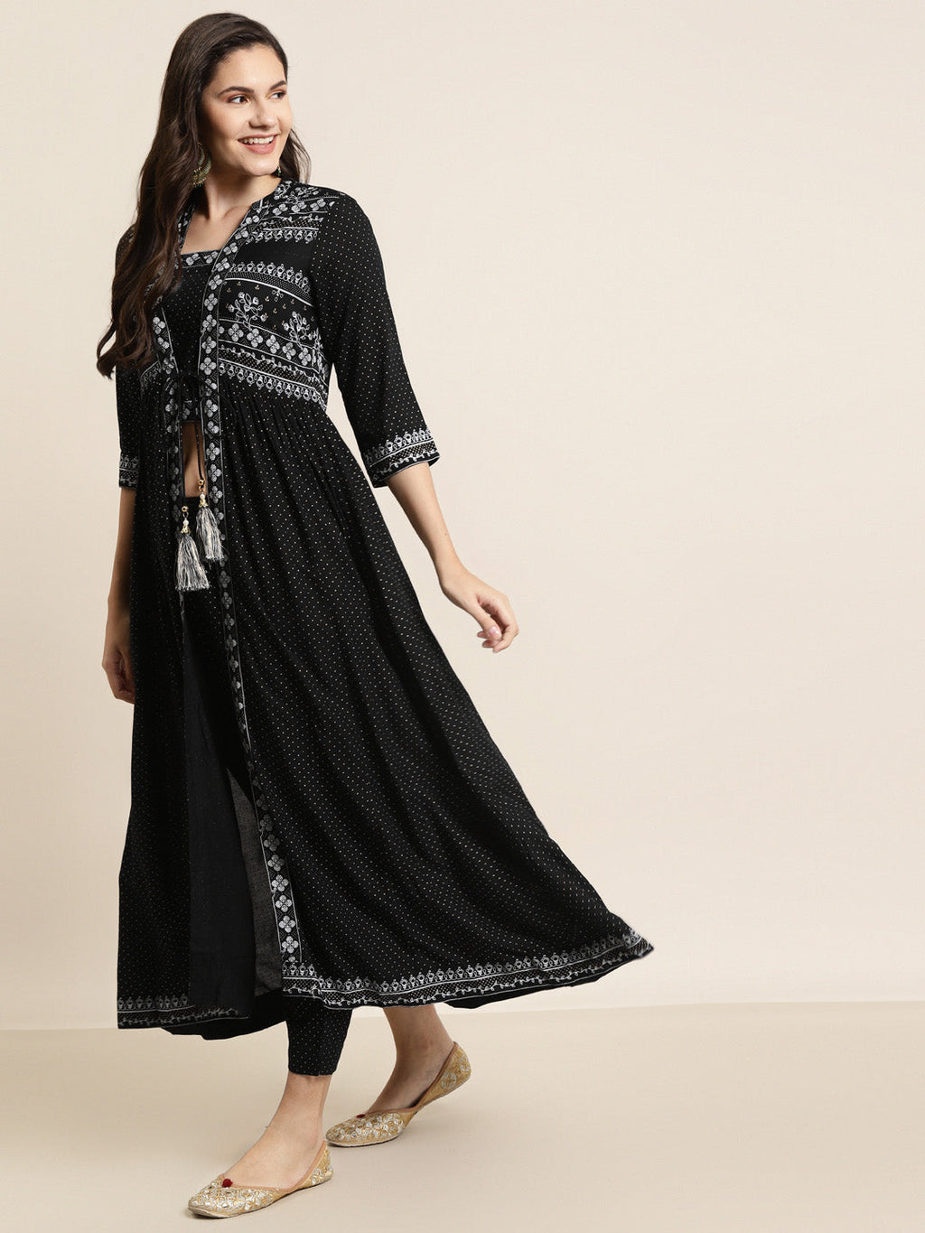 Juniper Women Black Rayon Printed Jacket Style Kurta Sets | Grocsy