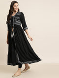 Juniper Women Black Rayon Printed Jacket Style Kurta Sets | Grocsy