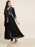 Juniper Women Black Rayon Printed Jacket Style Kurta Sets | Grocsy
