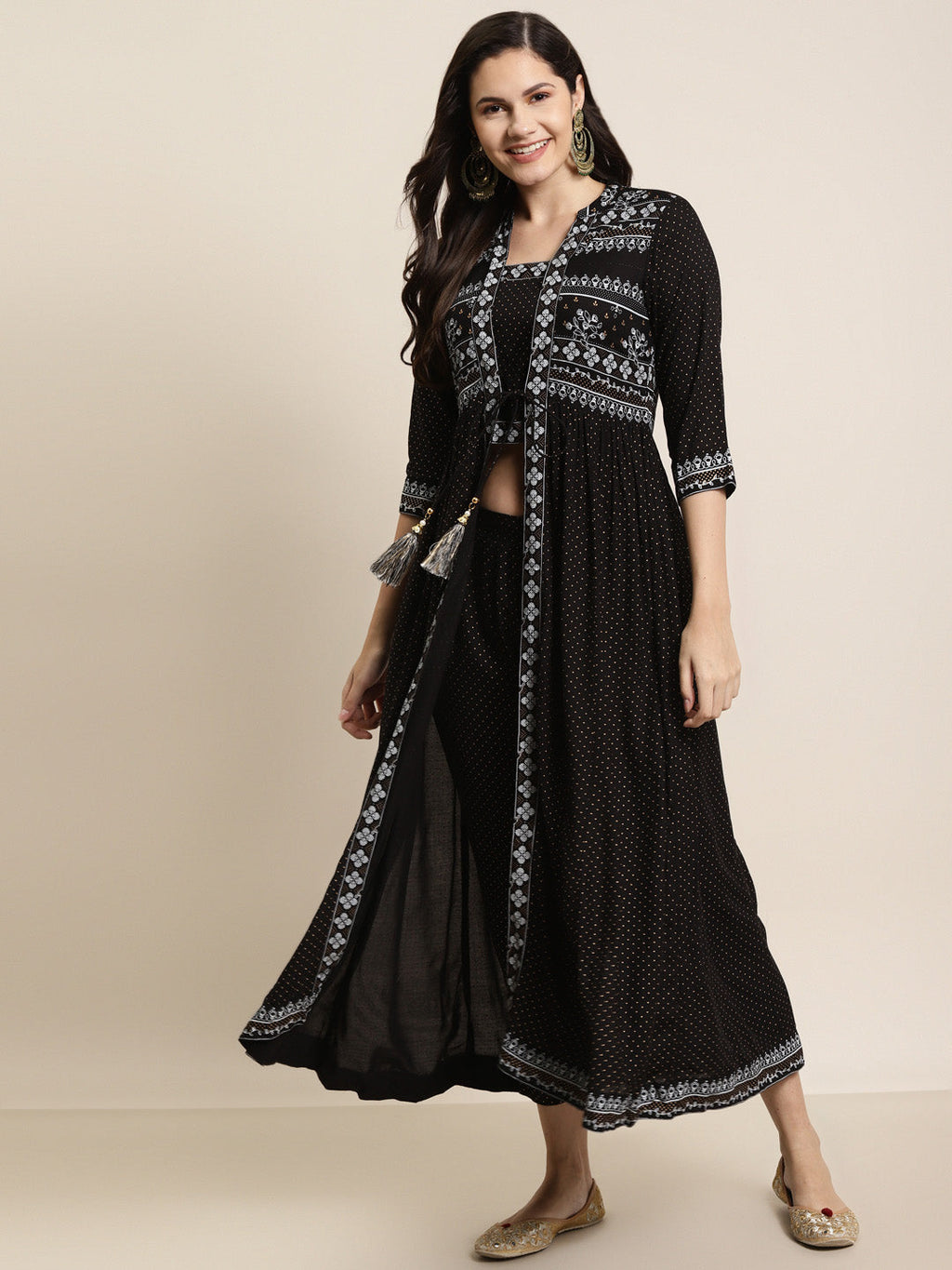 Juniper Women Black Rayon Printed Jacket Style Kurta Sets | Grocsy