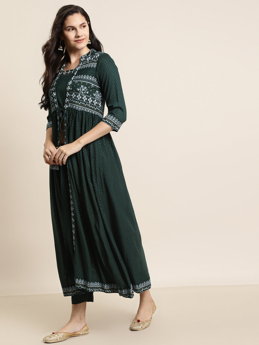 Juniper Womens Jadegreen Rayon Ethnic Printed Jacket Style Kurta Pant Set | Grocsy
