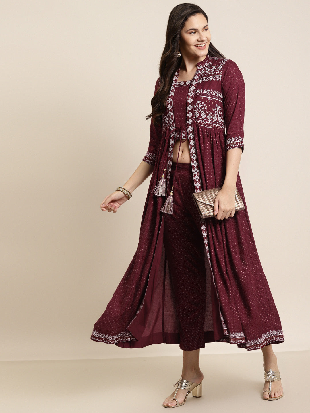 Juniper Women Maroon Rayon Printed Jacket Style Kurta Sets | Grocsy