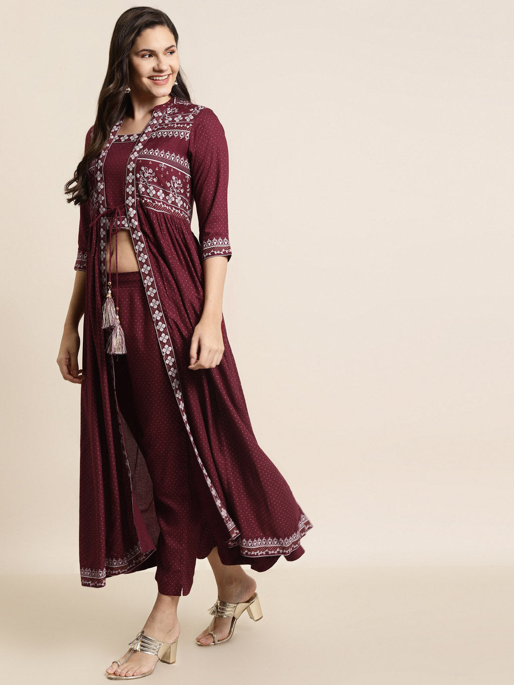 Juniper Women Maroon Rayon Printed Jacket Style Kurta Sets | Grocsy