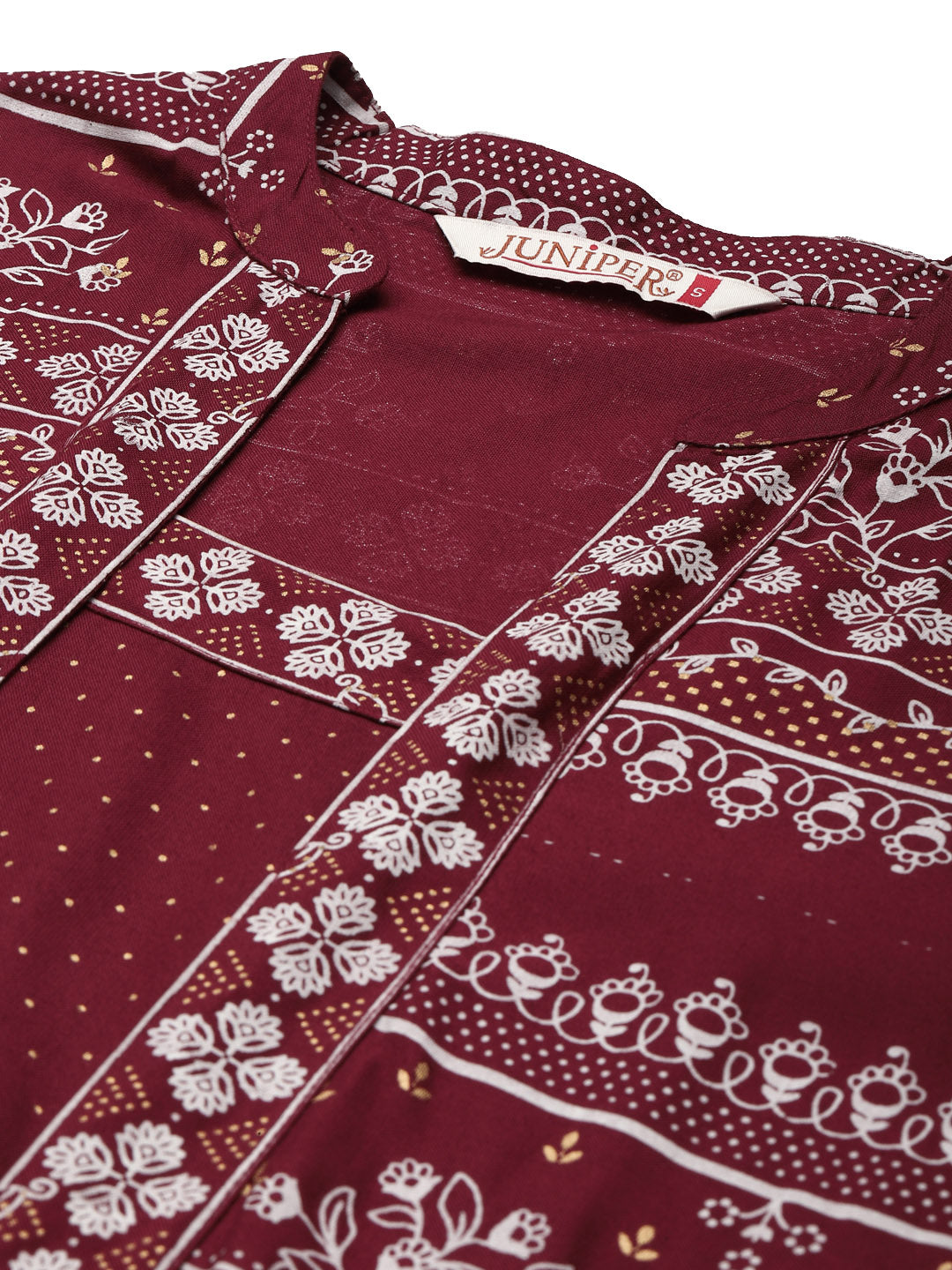 Juniper Women Maroon Rayon Printed Jacket Style Kurta Sets | Grocsy