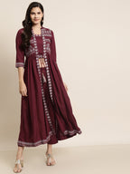 Juniper Women Maroon Rayon Printed Jacket Style Kurta Sets | Grocsy