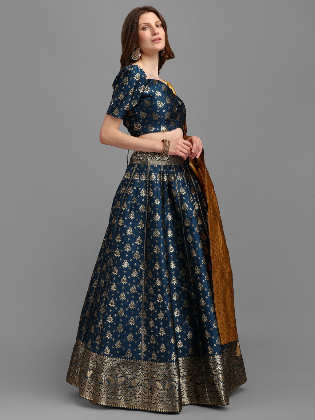 Lorenvalley Fashion Rama Brocade Fabric Lehenga & Unstitched Blouse With Dupatta | Grocsy