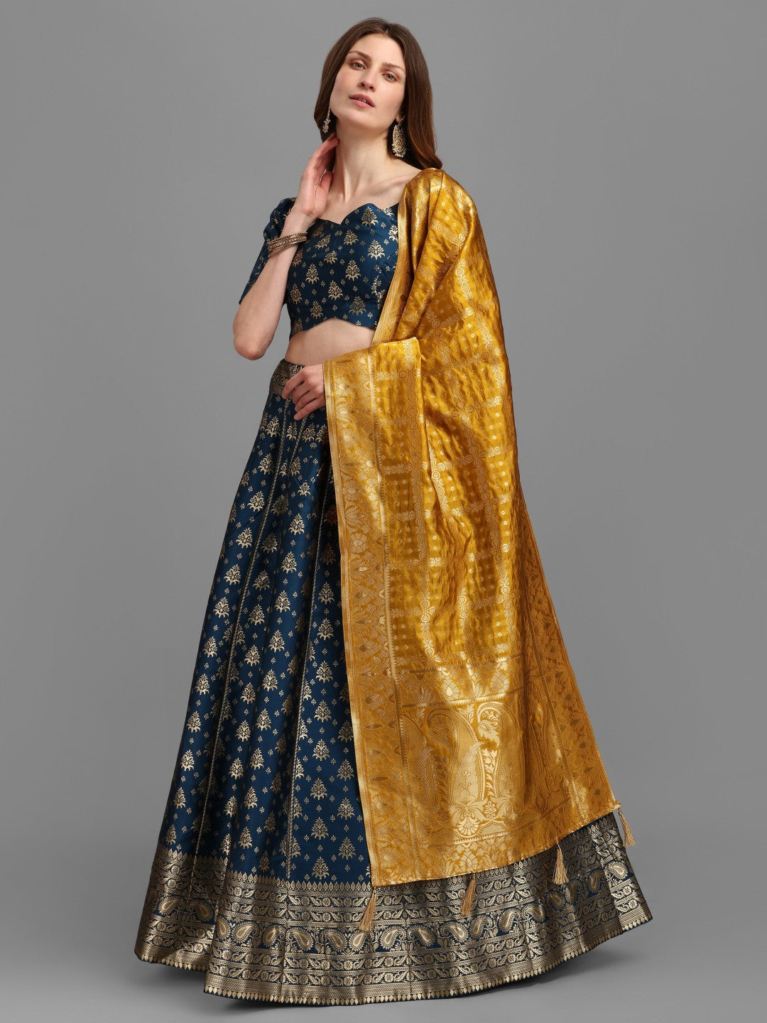 Lorenvalley Fashion Rama Brocade Fabric Lehenga & Unstitched Blouse With Dupatta | Grocsy