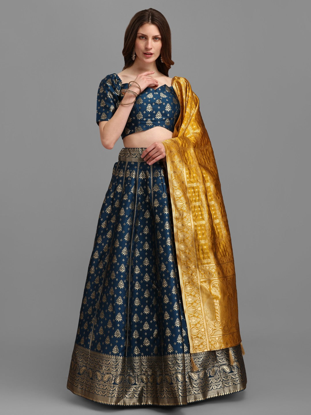 Lorenvalley Fashion Rama Brocade Fabric Lehenga & Unstitched Blouse With Dupatta | Grocsy