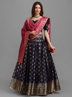 Lorenvalley Fashion Blue Brocade Fabric Lehenga & Unstitched Blouse With Dupatta | Grocsy