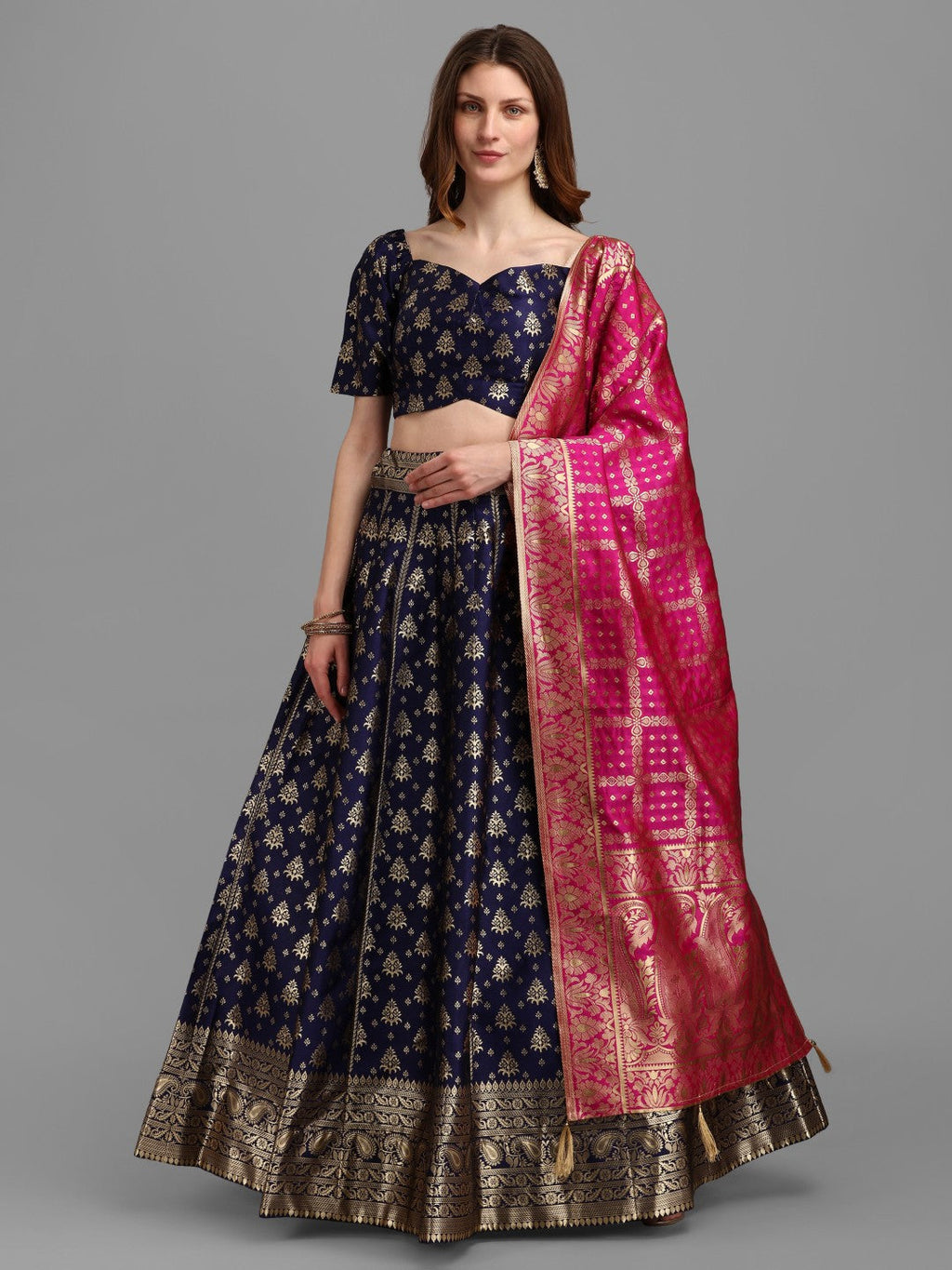 Lorenvalley Fashion Blue Brocade Fabric Lehenga & Unstitched Blouse With Dupatta | Grocsy