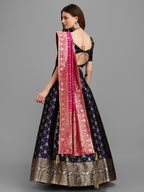 Lorenvalley Fashion Blue Brocade Fabric Lehenga & Unstitched Blouse With Dupatta | Grocsy