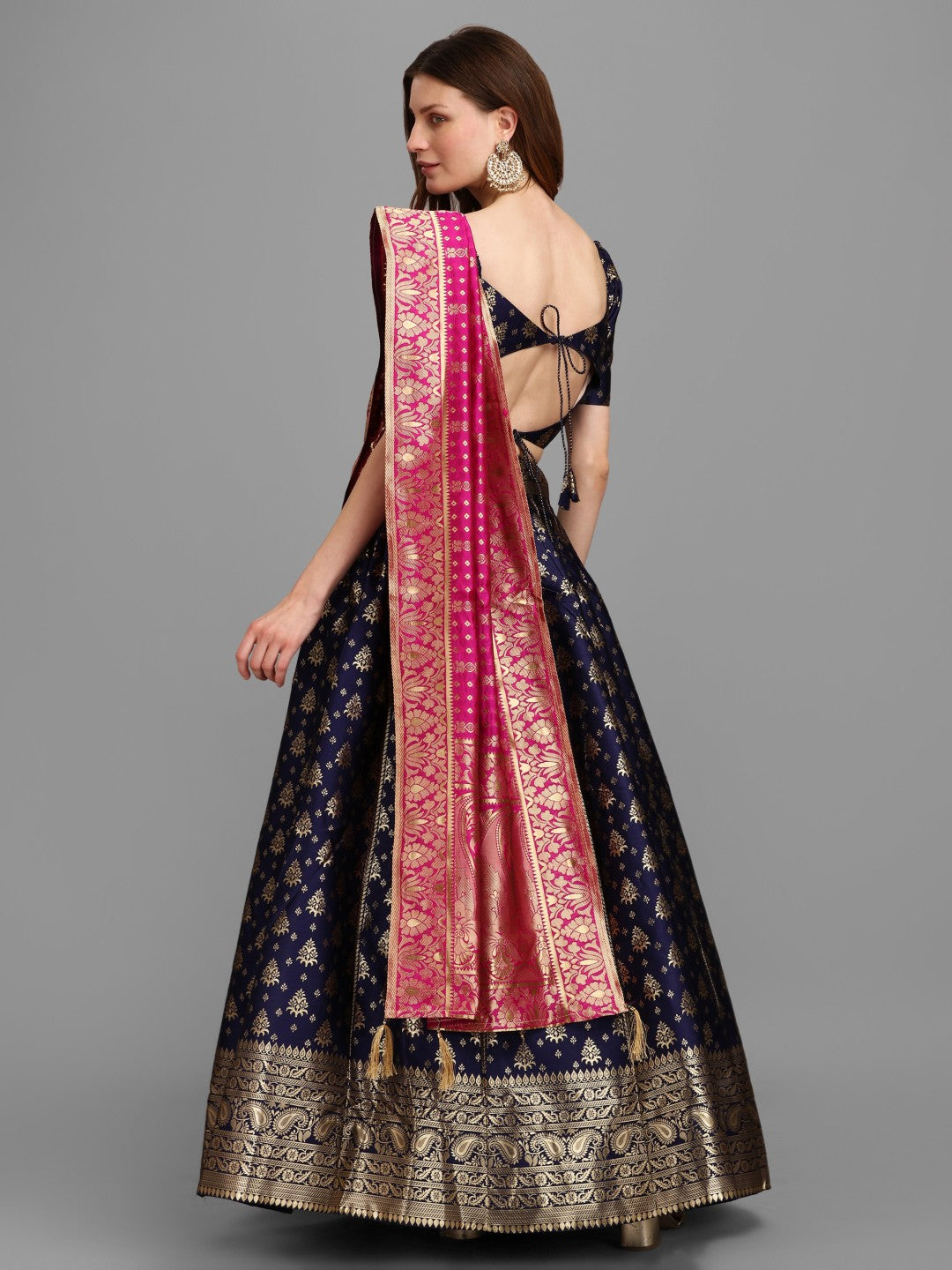 Lorenvalley Fashion Blue Brocade Fabric Lehenga & Unstitched Blouse With Dupatta | Grocsy