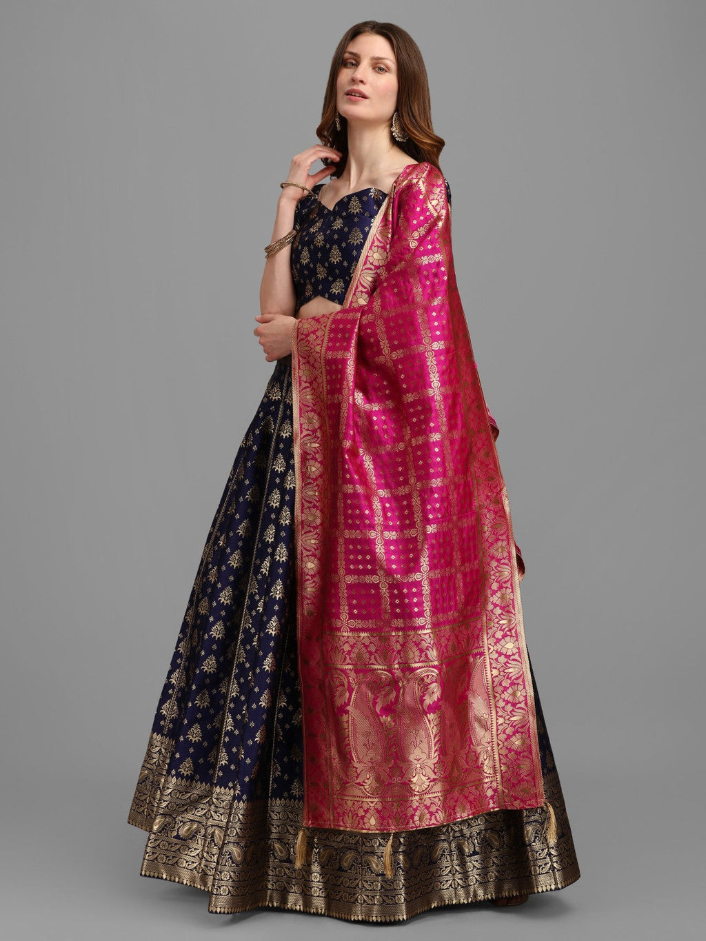 Lorenvalley Fashion Blue Brocade Fabric Lehenga & Unstitched Blouse With Dupatta | Grocsy