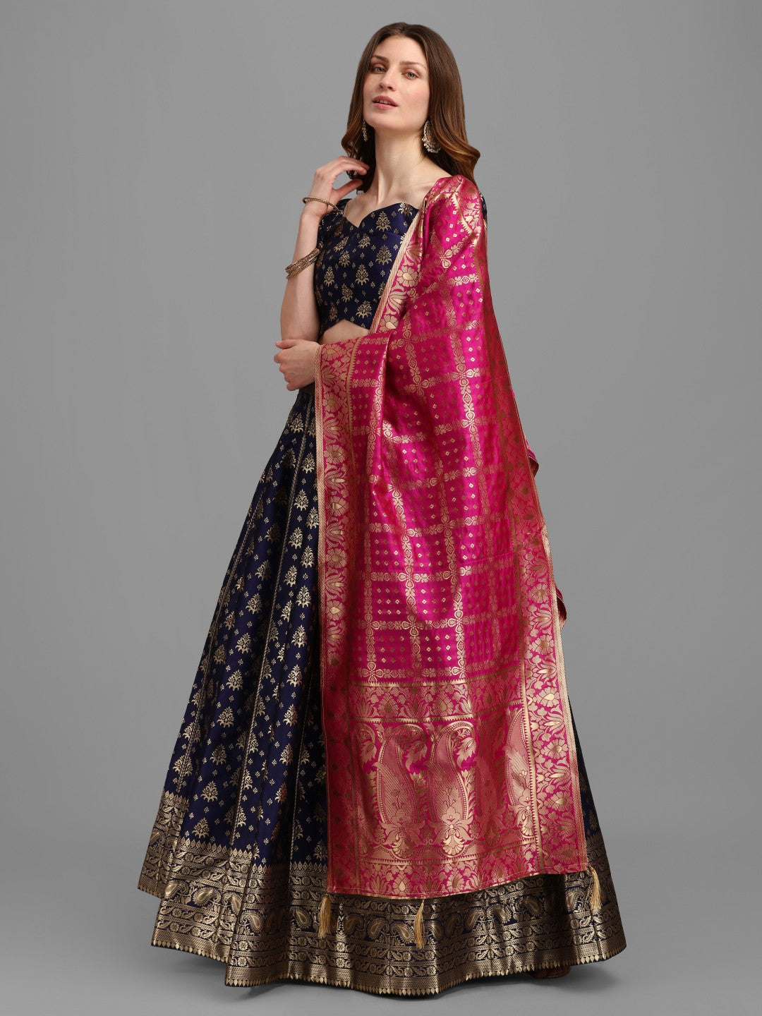 Lorenvalley Fashion Blue Brocade Fabric Lehenga & Unstitched Blouse With Dupatta | Grocsy