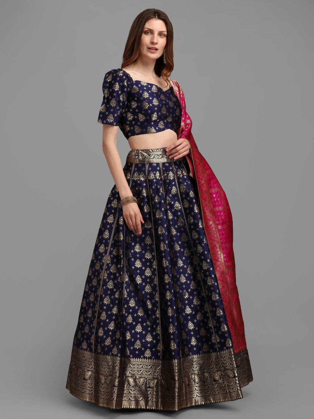 Lorenvalley Fashion Blue Brocade Fabric Lehenga & Unstitched Blouse With Dupatta | Grocsy