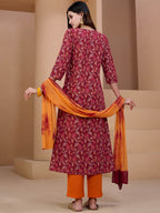 Sangria Maroon & Orange Printed V Neck Pure Cotton Angrakha Kurta With Trousers & Dupatta | Grocsy