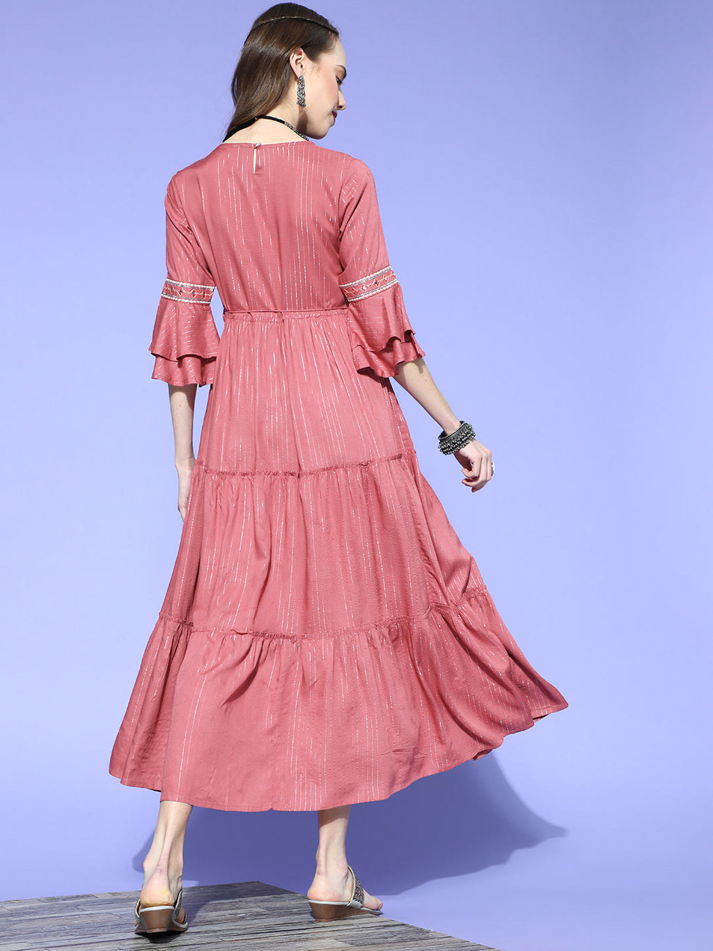 Juniper Women Rosepink Rayon Lurex Embroidered Tiered Dress | Grocsy