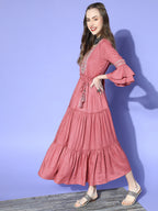 Juniper Women Rosepink Rayon Lurex Embroidered Tiered Dress | Grocsy