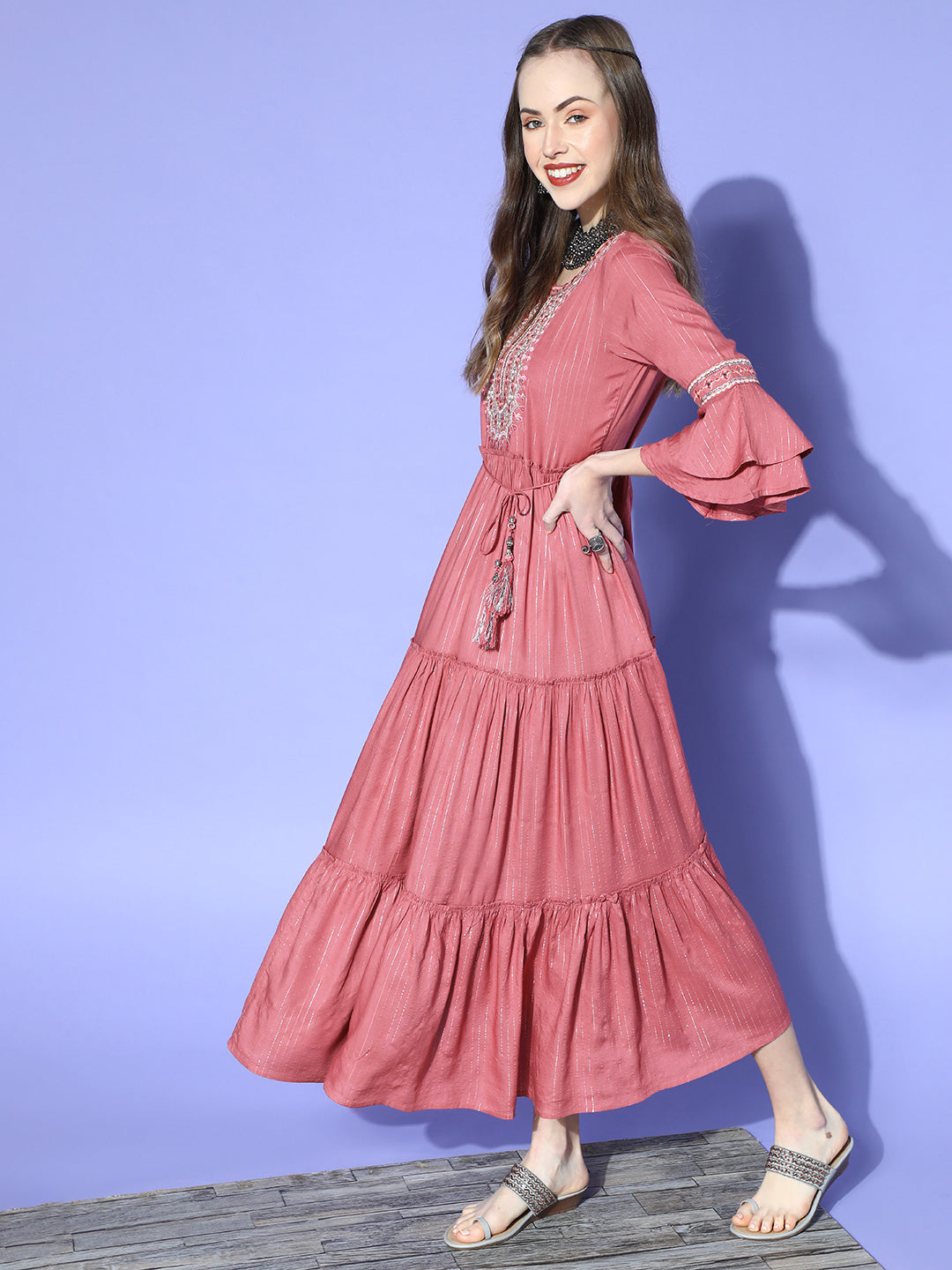 Juniper Women Rosepink Rayon Lurex Embroidered Tiered Dress | Grocsy