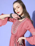 Juniper Women Rosepink Rayon Lurex Embroidered Tiered Dress | Grocsy