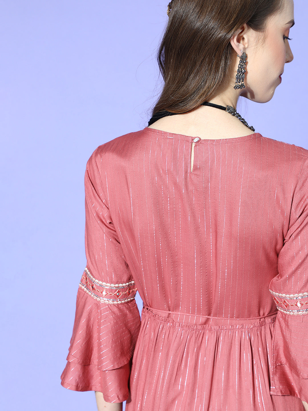Juniper Women Rosepink Rayon Lurex Embroidered Tiered Dress | Grocsy