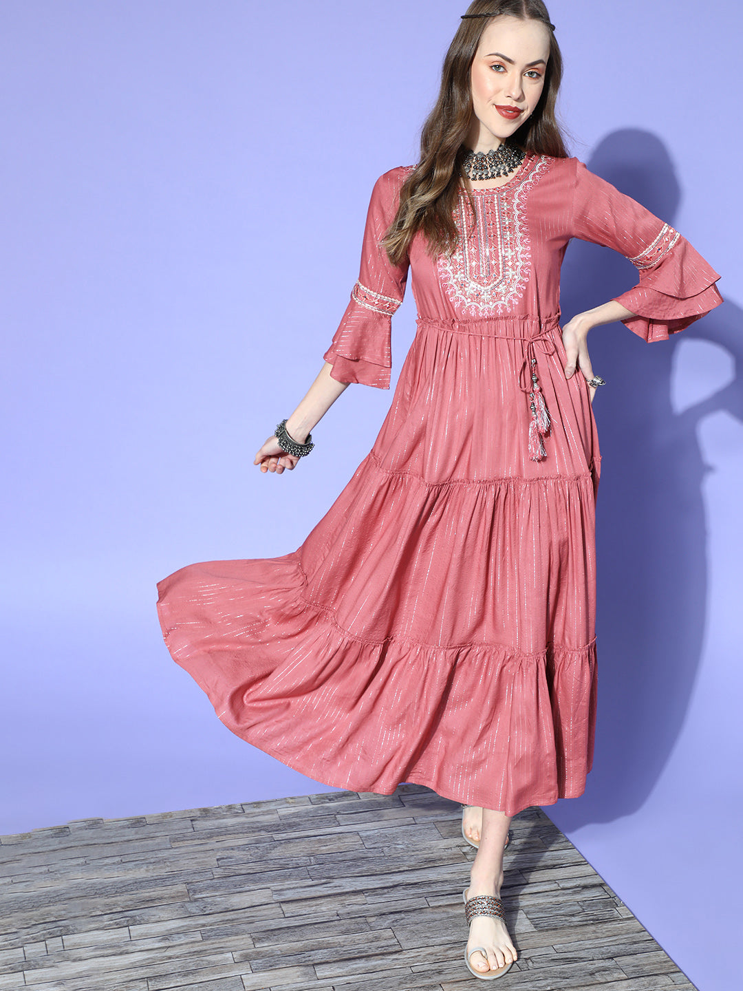 Juniper Women Rosepink Rayon Lurex Embroidered Tiered Dress | Grocsy