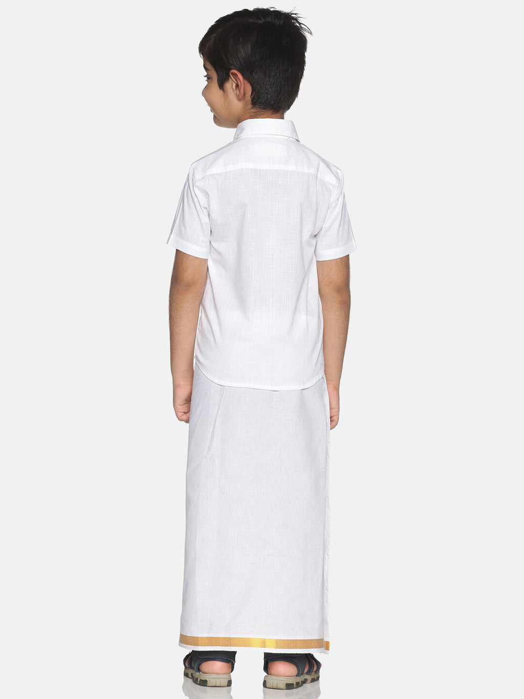 Sethukrishna Boys White & Gold-Toned Pure Cotton Solid Shirt and Veshti Set | Grocsy