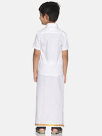 Sethukrishna Boys White & Gold-Toned Pure Cotton Solid Shirt and Veshti Set | Grocsy