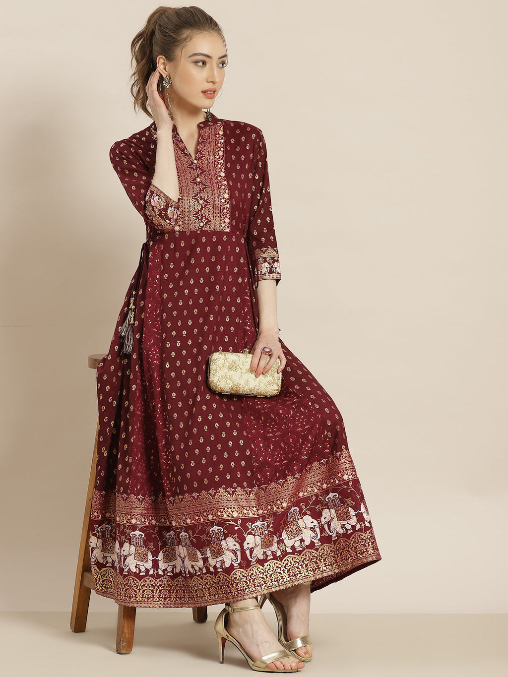 Juniper Womens Wine Rayon Ethnic Motif Foil Printed Festive Flared Maxi Dress | Grocsy