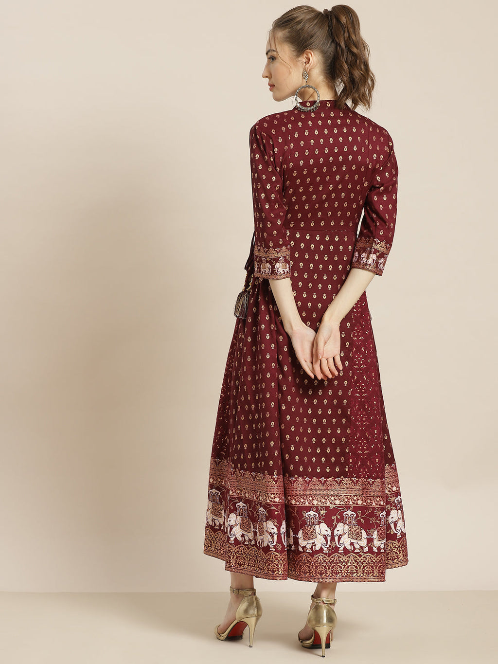 Juniper Womens Wine Rayon Ethnic Motif Foil Printed Festive Flared Maxi Dress | Grocsy