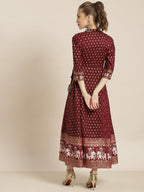 Juniper Womens Wine Rayon Ethnic Motif Foil Printed Festive Flared Maxi Dress | Grocsy