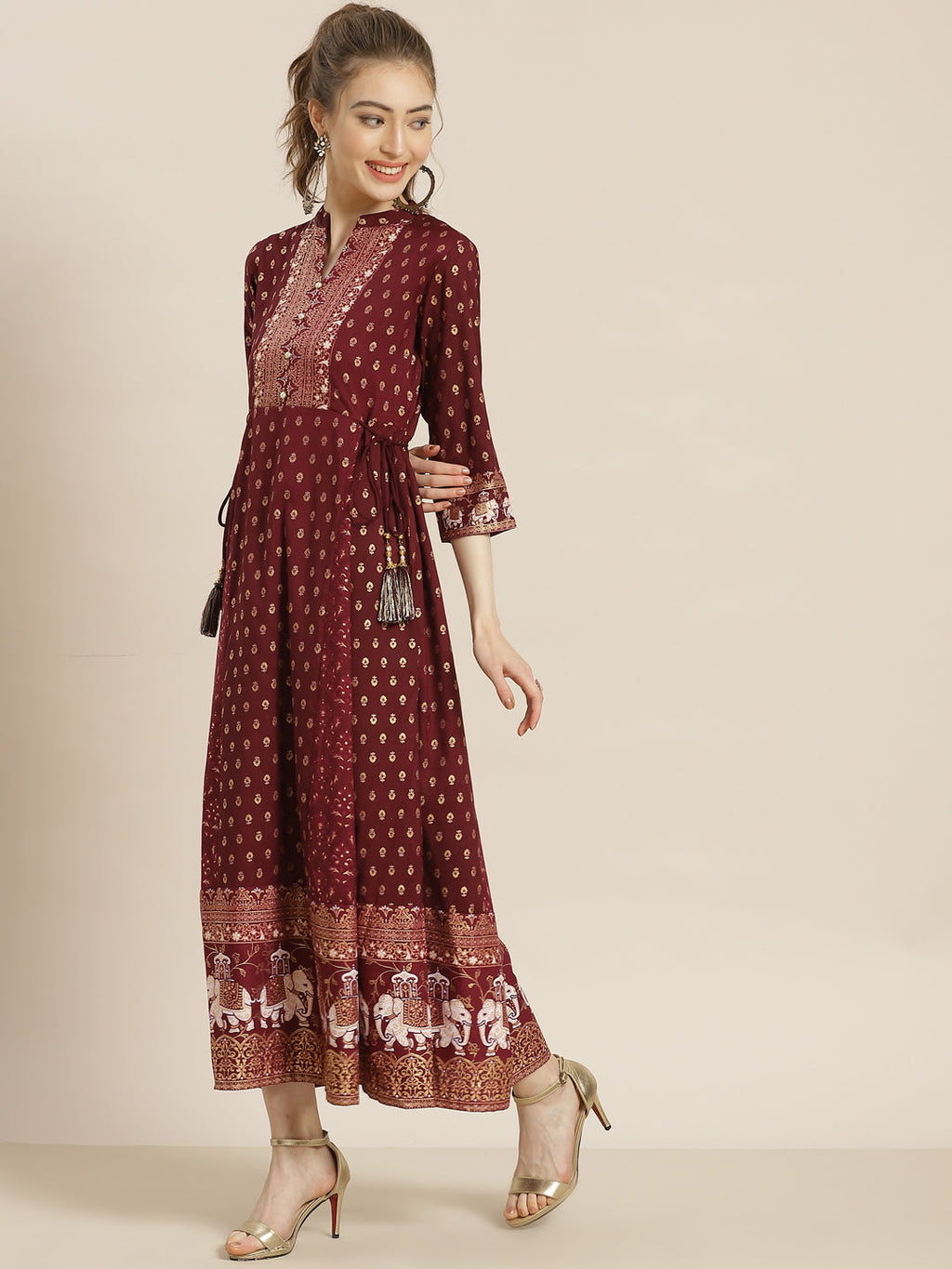 Juniper Womens Wine Rayon Ethnic Motif Foil Printed Festive Flared Maxi Dress | Grocsy