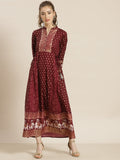 Juniper Womens Wine Rayon Ethnic Motif Foil Printed Festive Flared Maxi Dress | Grocsy