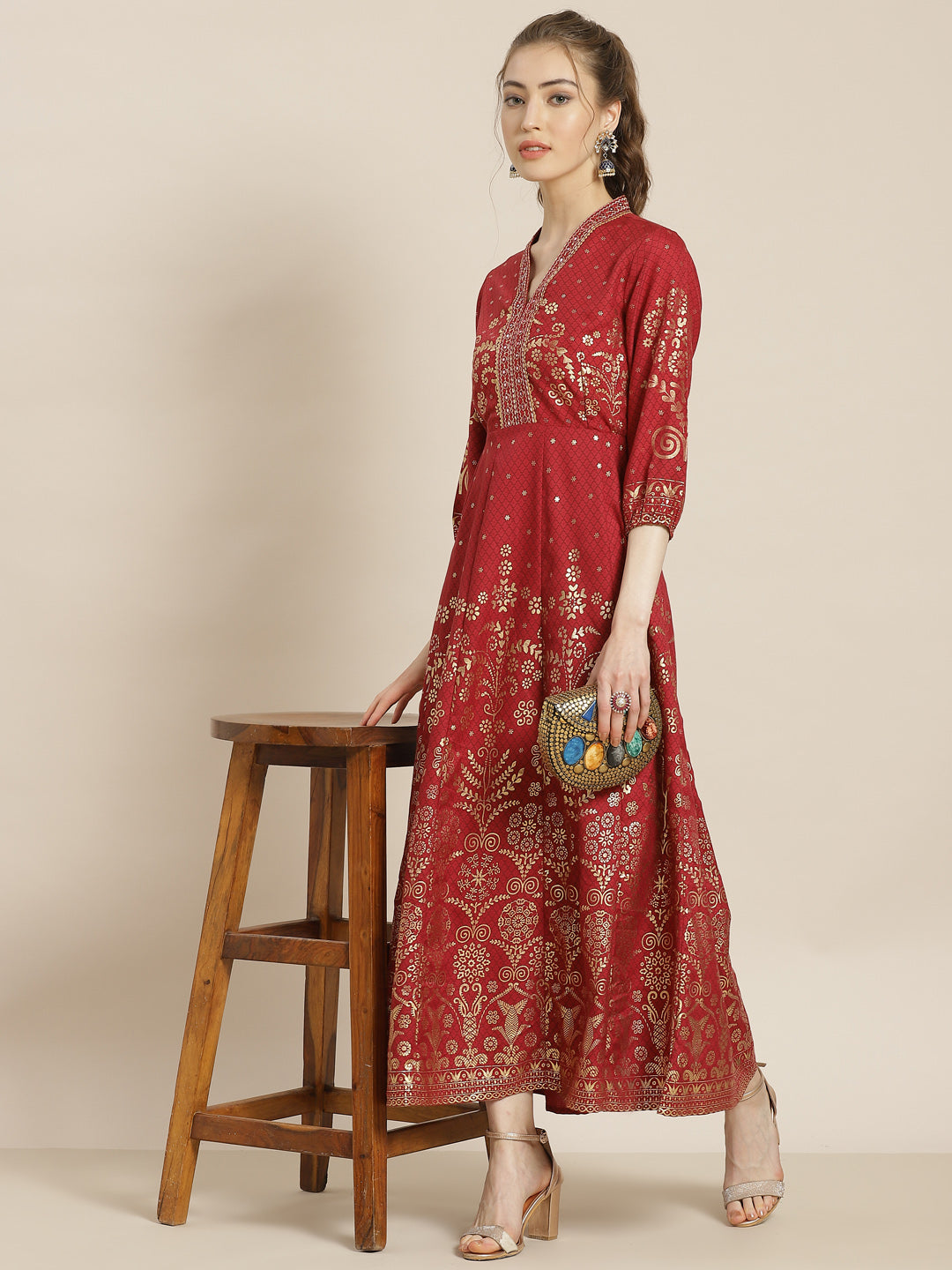 Juniper Womens Maroon Rayon Foil Printed Kalidar Maxi Dress With Mirror Embroidery | Grocsy