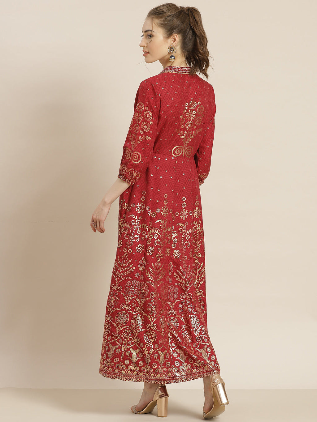 Juniper Womens Maroon Rayon Foil Printed Kalidar Maxi Dress With Mirror Embroidery | Grocsy