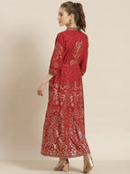 Juniper Womens Maroon Rayon Foil Printed Kalidar Maxi Dress With Mirror Embroidery | Grocsy