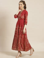 Juniper Womens Maroon Rayon Foil Printed Kalidar Maxi Dress With Mirror Embroidery | Grocsy