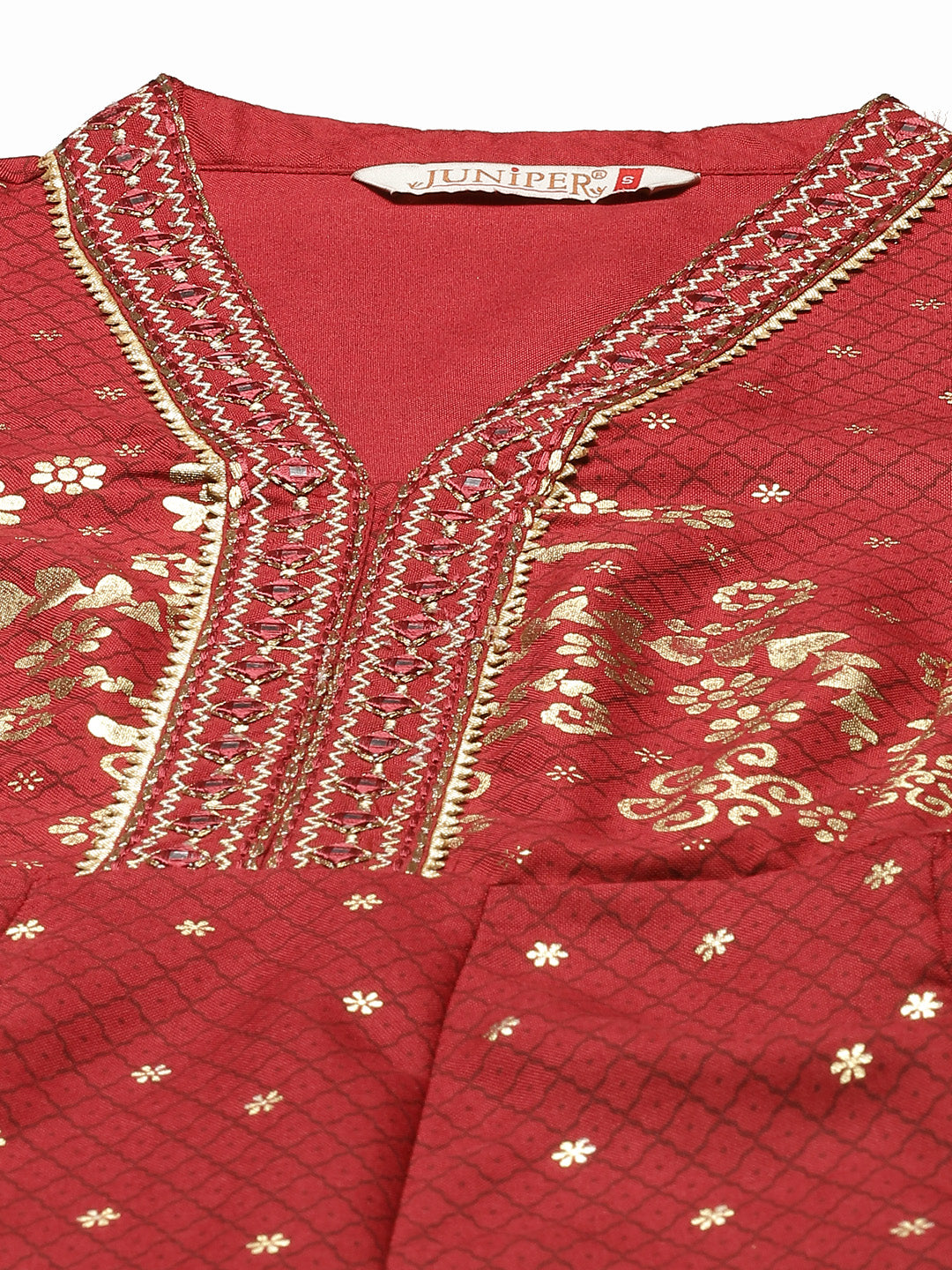 Juniper Womens Maroon Rayon Foil Printed Kalidar Maxi Dress With Mirror Embroidery | Grocsy