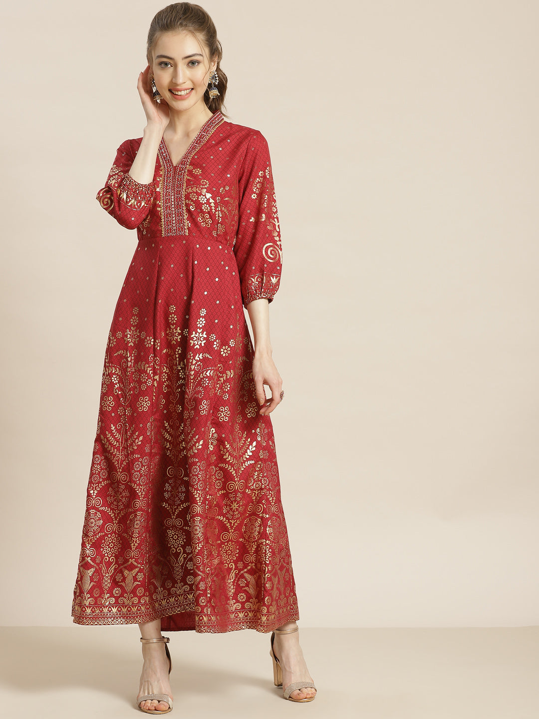 Juniper Womens Maroon Rayon Foil Printed Kalidar Maxi Dress With Mirror Embroidery | Grocsy