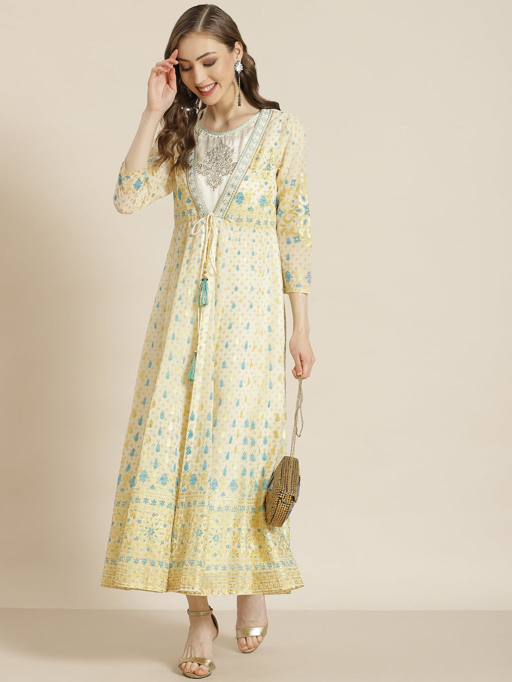 Juniper Women Ivory Georgette Printed Jacket Style Dress | Grocsy