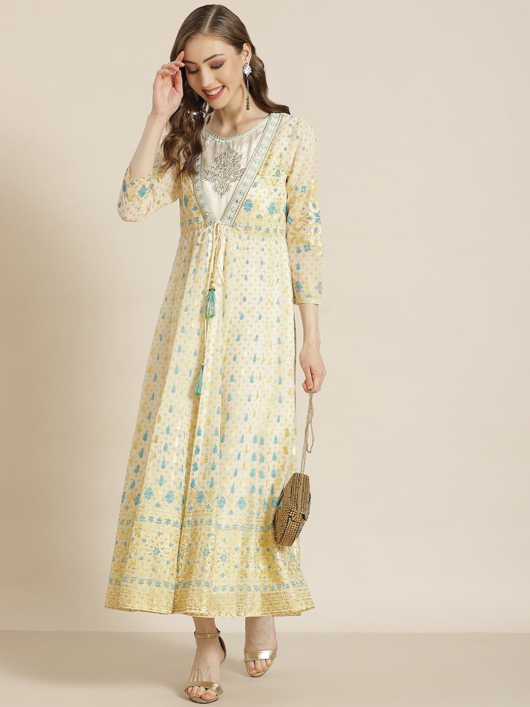 Juniper Women Ivory Georgette Printed Jacket Style Dress | Grocsy