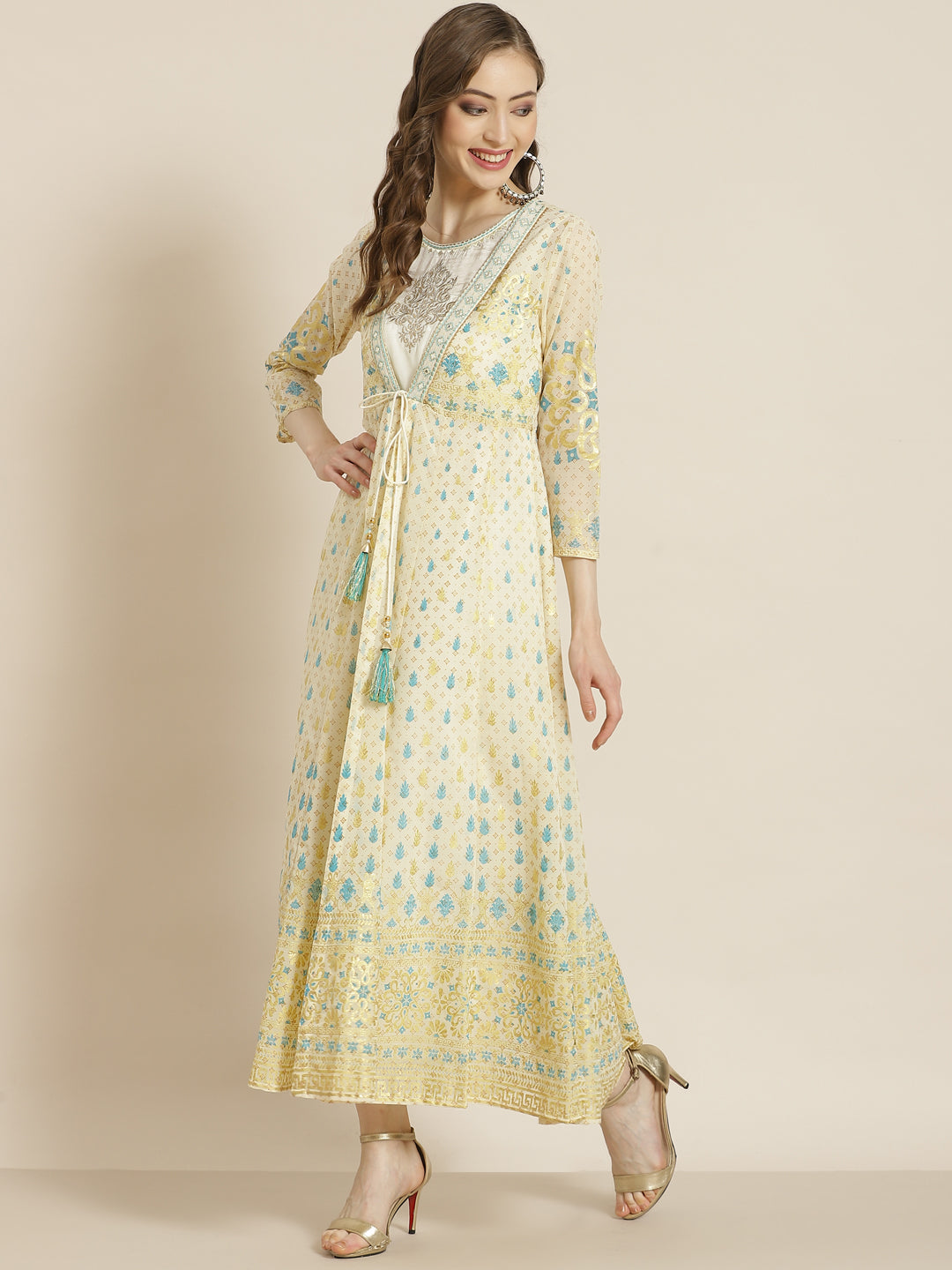 Juniper Women Ivory Georgette Printed Jacket Style Dress | Grocsy