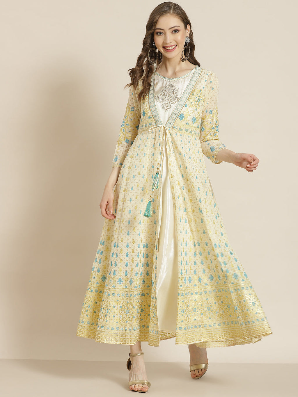Juniper Women Ivory Georgette Printed Jacket Style Dress | Grocsy