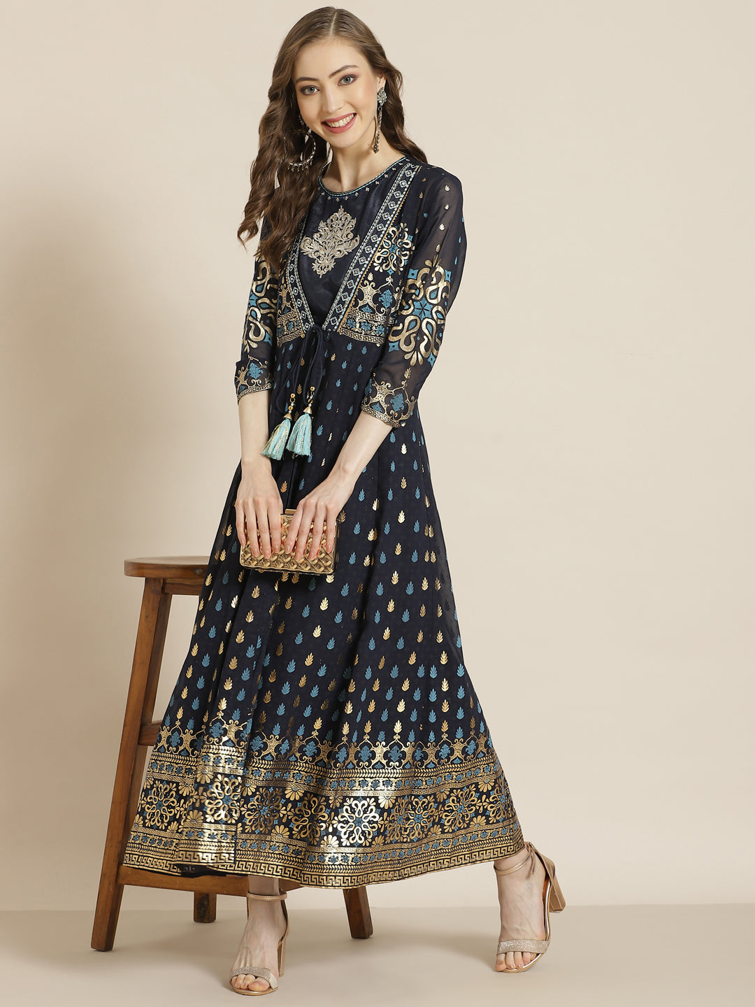 Juniper Women Navyblue Georgette Printed Jacket Style Dress | Grocsy