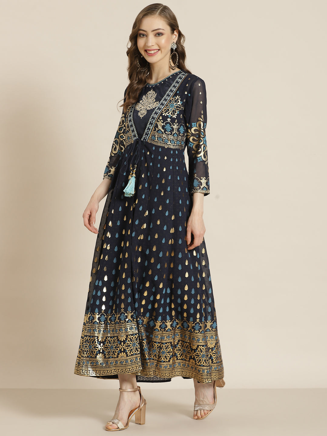 Juniper Women Navyblue Georgette Printed Jacket Style Dress | Grocsy